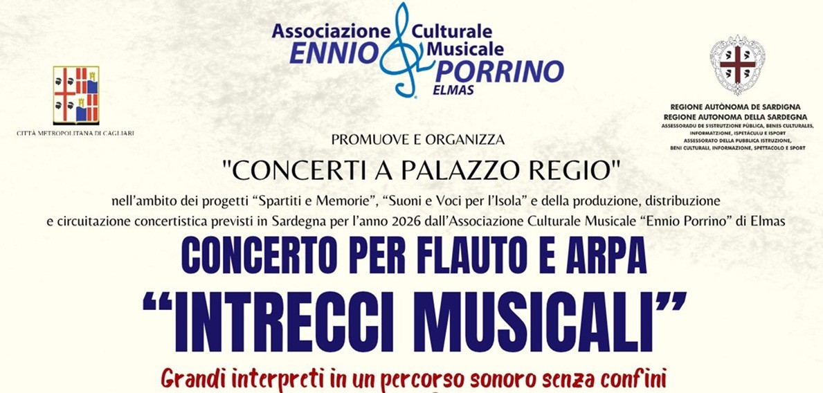 Cagliari, “Intrecci Musicali” tra flauto e arpa al Palazzo Regio