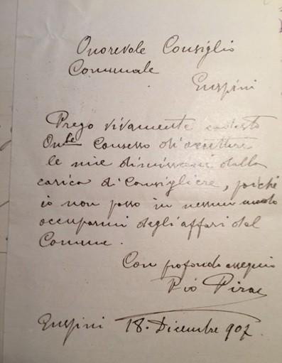 La lettera di dimissioni di Pio Piras del 18 dicembre 1907 (Archivio Comune di Guspini)
