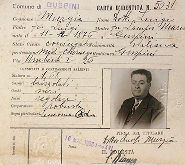 Dr Luigi Murgia nella cedola relativa alla sua carta d’identità del 1938 (Archivio Comune di Guspini)