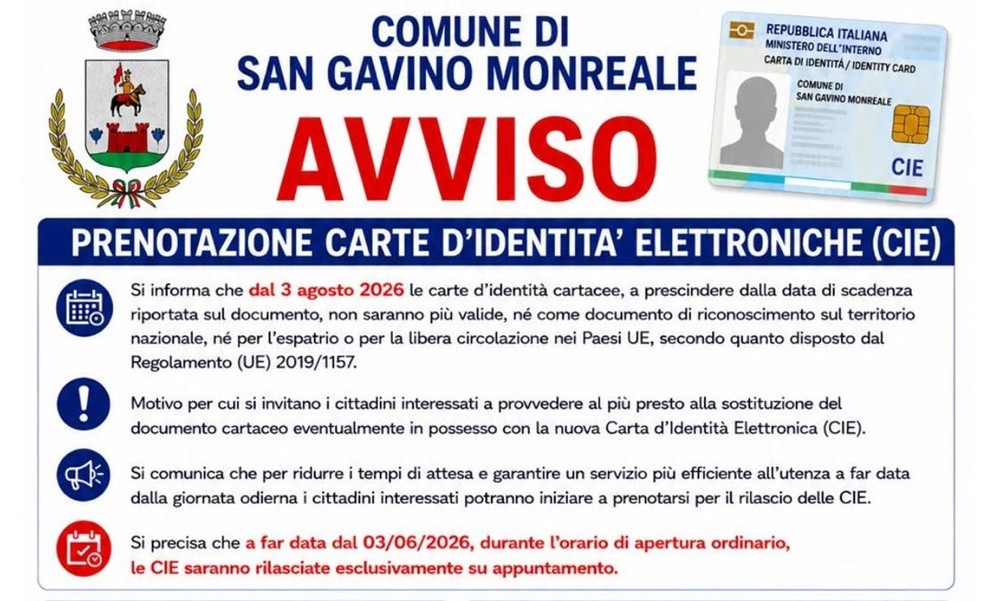 San Gavino: carte d’identità elettroniche solo su appuntamento 