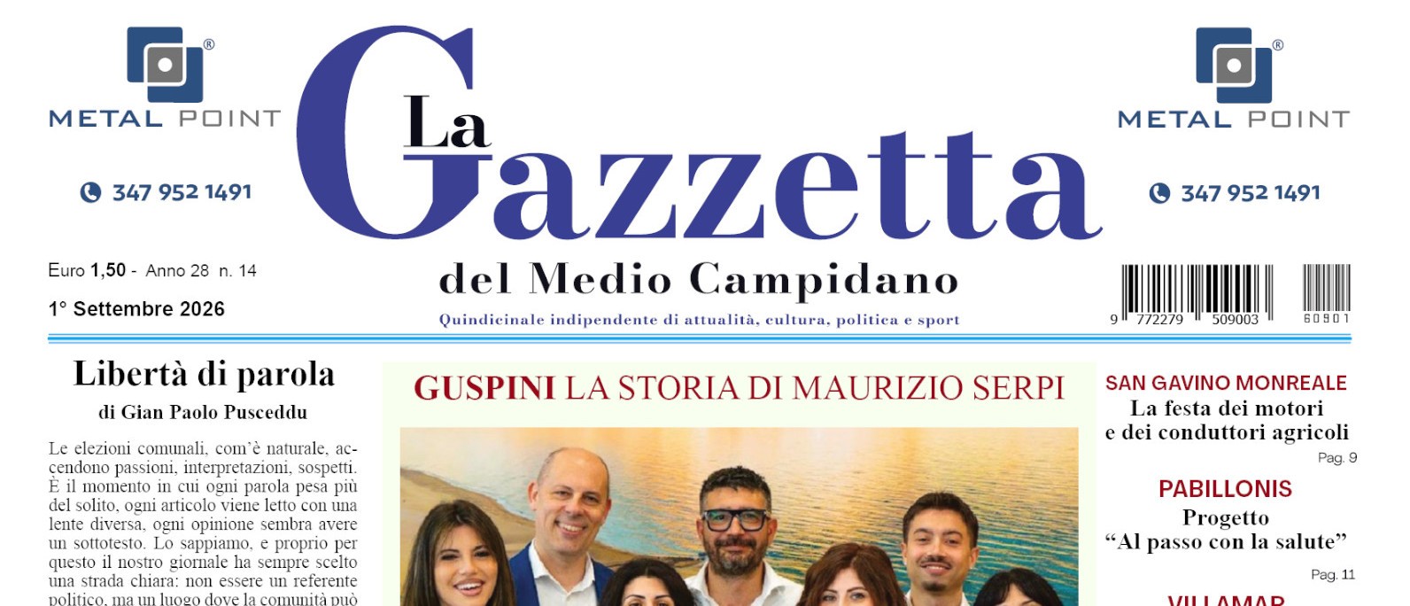 La Gazzetta del Medio Campidano del 1° settembre è in edicola
