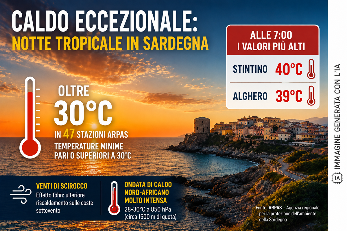 Caldo eccezionale in Sardegna, notte tropicale con 40 gradi a Stintino alle 7 del mattino