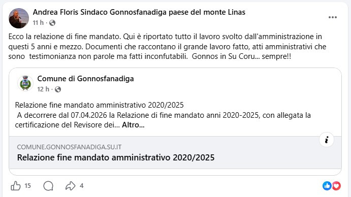 Post del sindaco nella sua pagina facebook