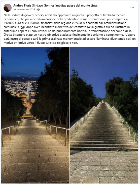 rendering e screenshot del post del sindaco andrea floris che ha acceso il dibattito sulla gradinata del colle san simeone