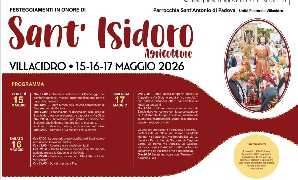 Villacidro: celebrazioni per Sant’Isidoro Agricoltore